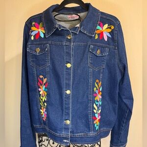 Embroidered Dark Blue Denim Jacket with Colorful Floral Accents